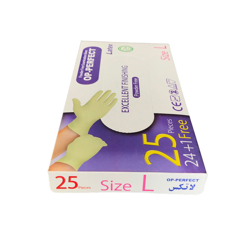 دستکش لاتکس مدل OP-PERFECT سایز لارج بسته 25 عددی