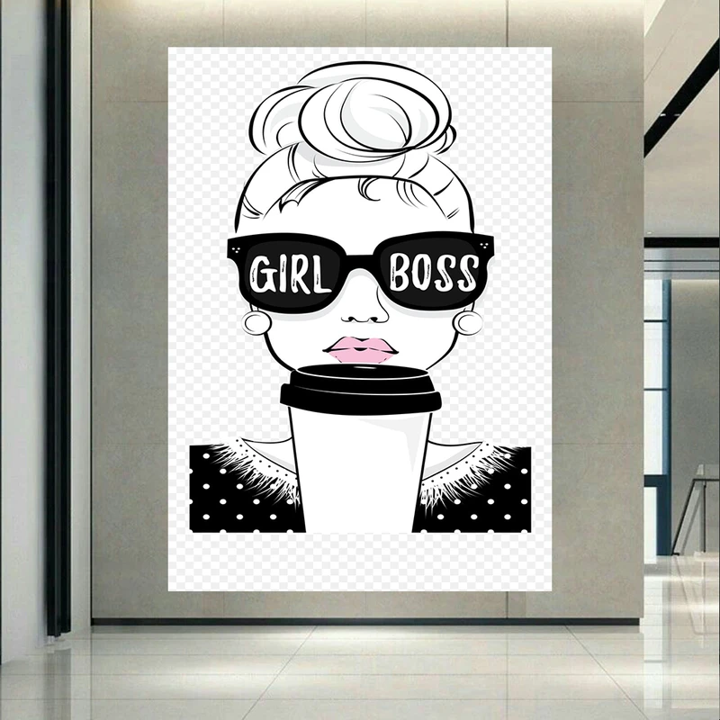 پوستر پارچه ای طرح چرم مخمل دختر و کافی مدل Girl Boss کد AR31144