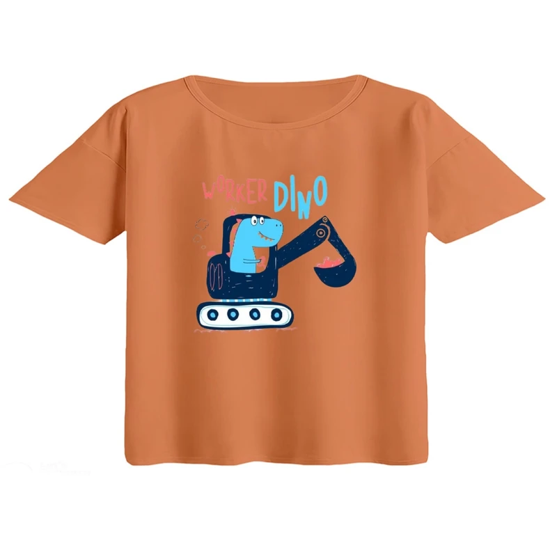 کراپ تی‌شرت آستین کوتاه زنانه مدل دایناسور و ماشین کار