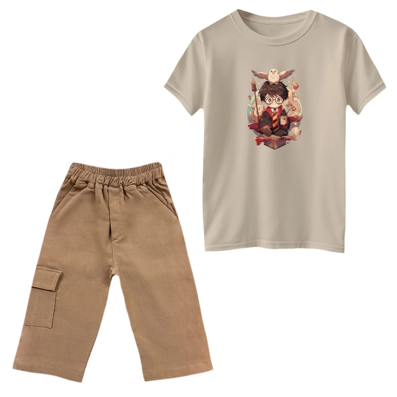 ست تی‌شرت و شلوارک پسرانه مدل هری پاتر کد 02 رنگ کرم