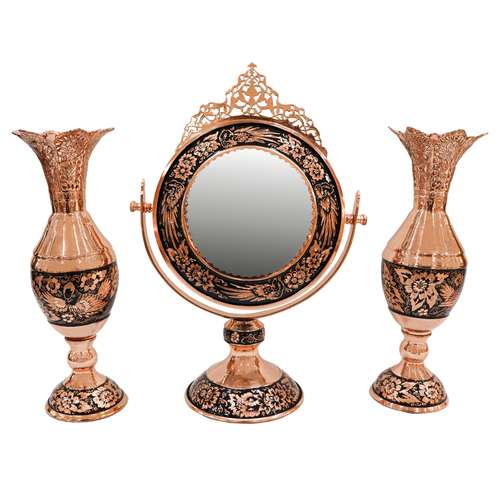 ست 3 تکه آینه و گلدان مسی مدل الماس تراش شبکه بری