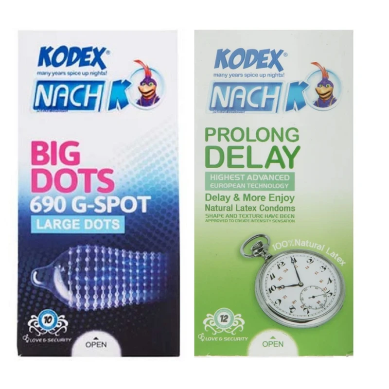  کاندوم خاردار ناچ کدکس مدل بیگ دات بسته 10 عددی به همراه کاندوم تاخیری ناچ کدکس مدل پرولانگ بسته 12 عددی