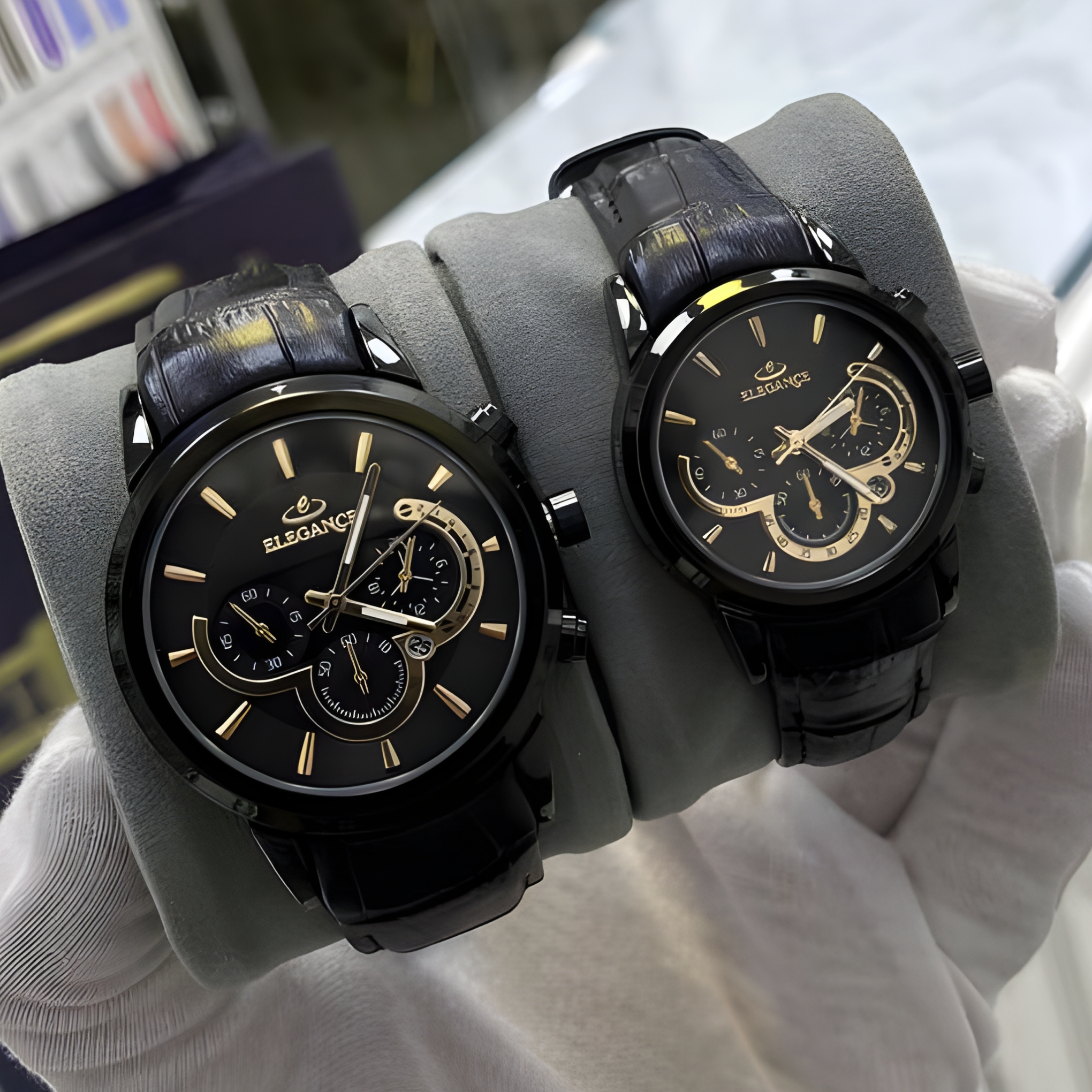 ست ساعت مچی عقربه ای زنانه و مردانه الگانس مدل بند چرمی تک موتوره کد 08