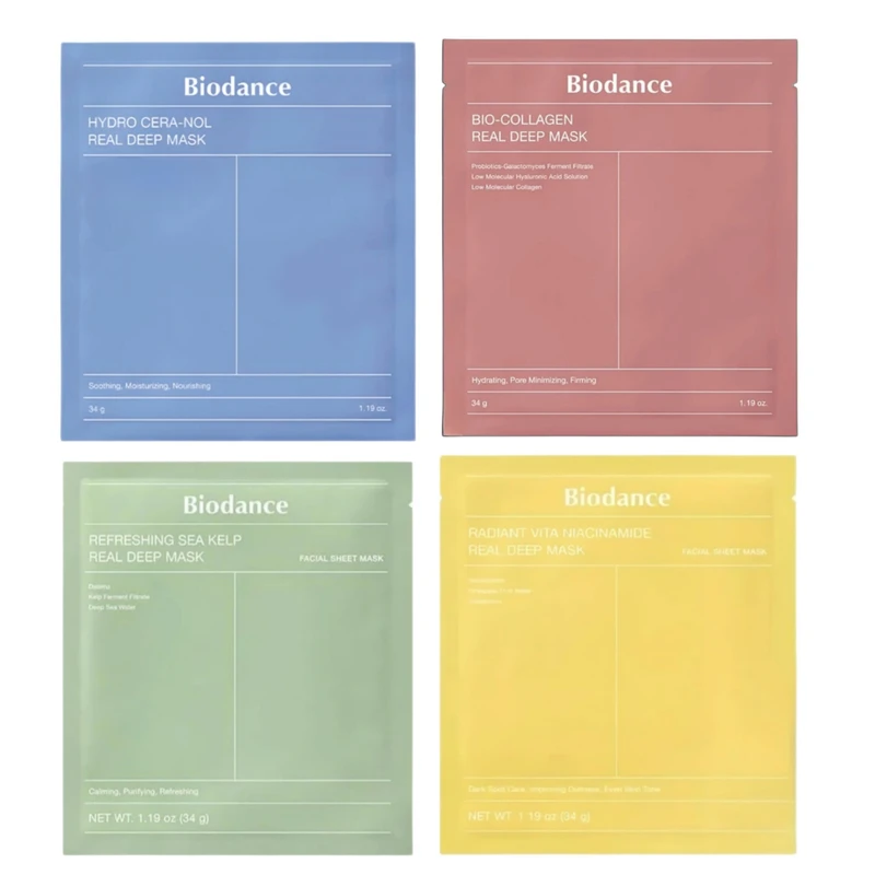 ماسک صورت بایودنس مدل کلاژن جلبک دریایی آبرسان نیاسینامید مناسب انواع پوست وزن 34 گرم بسته 4 عددی
