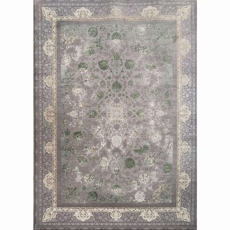 فرش ماشینی 1200 شانه زمینه سبز حاشیه خاکستری طرح سمن