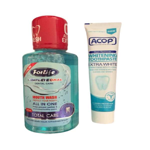 دهان شویه فورلایف مدل TOTAL CARE حجم 330 میلی لیتر به همراه خمیر دندان آکوپ مدل Whitening حجم 90 میلی لیتر دهان شویه فورلایف مدل TOTAL CARE حجم 330 میلی لیتر به همراه خمیر دندان آکوپ مدل Whitening حجم 90 میلی لیتر