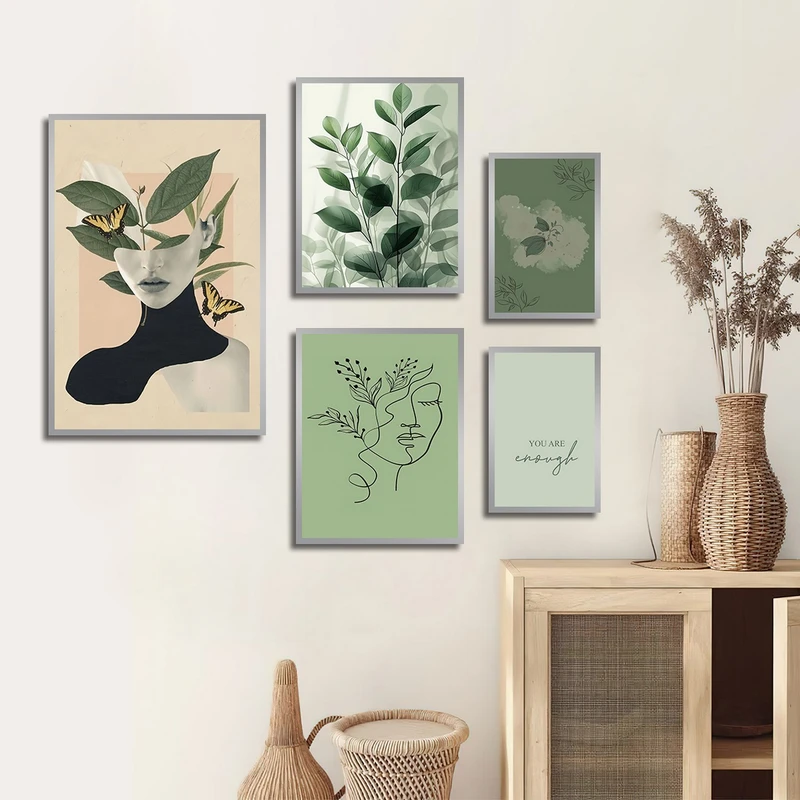 تابلو بکلیت طرح نقاشی مینیمال چهره و برگ مدل SI-3104 مجموعه 5 عددی