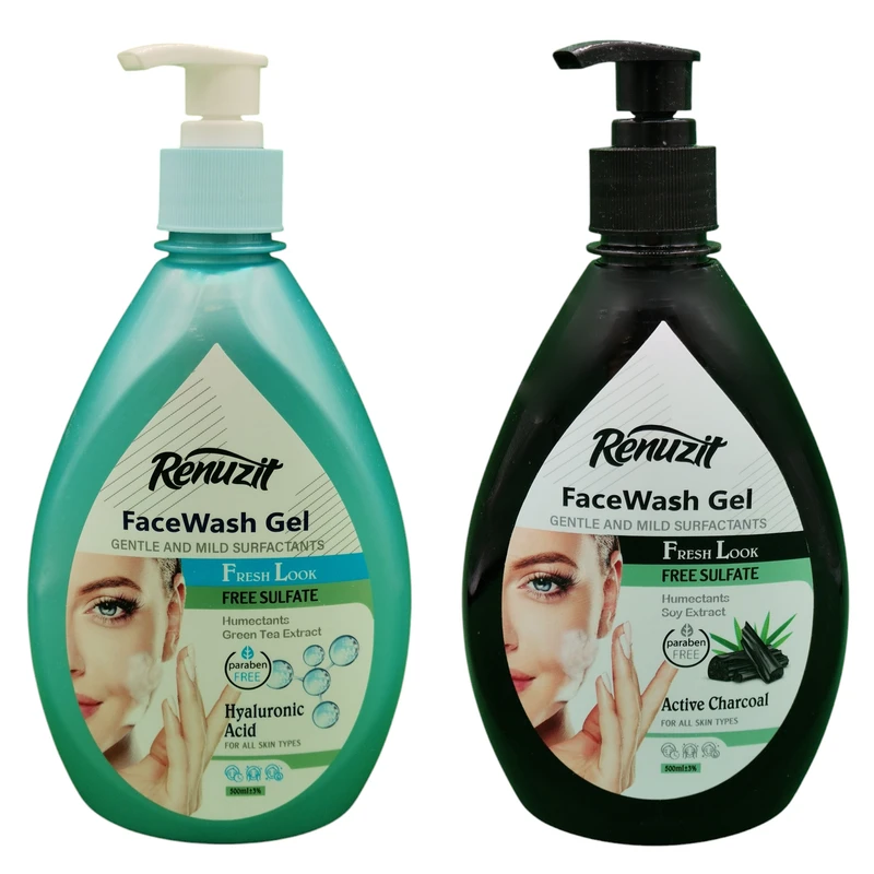 ژل شستشو صورت رینوزیت مدل هیالورونیک اسید مناسب انواع پوست حجم 500 میلی لیتر به همراه ژل شستشو صورت رینوزیت مناسب انواع پوست مدل کربن