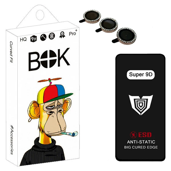 محافظ صفحه نمایش بوک مدل Super 9D Touch RN9 مناسب برای گوشی موبایل اپل iPhone 15 pro max به همراه محافظ لنز دوربین رینگی نگین دار