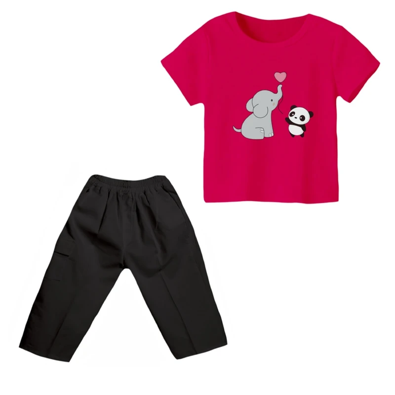 ست تی شرت و شلوارک دخترانه مدل فیل کد ۱۰ رنگ سرخابی