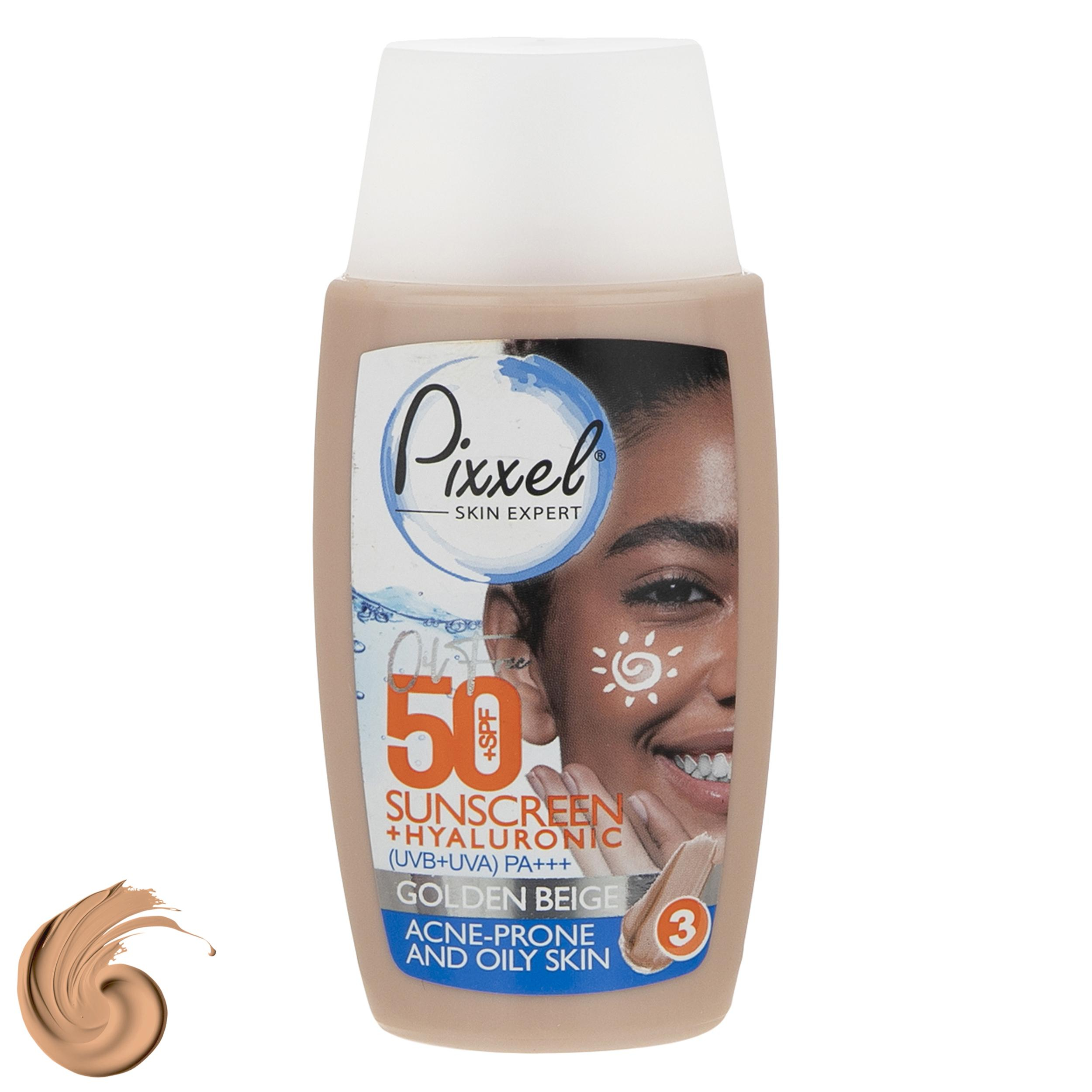 کرم ضد آفتاب رنگی پیکسل، SPF 50، مدل GOLDEN BEIGE، مناسب پوست‌های آکنه‌دار و چرب با تنالیته تیره و حجم 50 میلی‌لیتر، محافظت‌کننده در برابر اشعه‌های UVA و PA ،UVB+++، ضد جوش و آکنه، دارای فرمولاسیون فاقد چربی و هیالورونیک اسید، با ماندگاری 2 ساعته