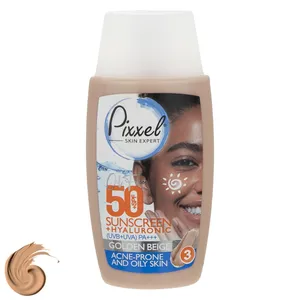 کرم ضد آفتاب رنگی پیکسل، SPF 50، مدل GOLDEN BEIGE، مناسب پوست‌های آکنه‌دار و چرب با تنالیته تیره و حجم 50 میلی‌لیتر، محافظت‌کننده در برابر اشعه‌های UVA و PA ،UVB+++، ضد جوش و آکنه، دارای فرمولاسیون فاقد چربی و هیالورونیک اسید، با ماندگاری 2 ساعته