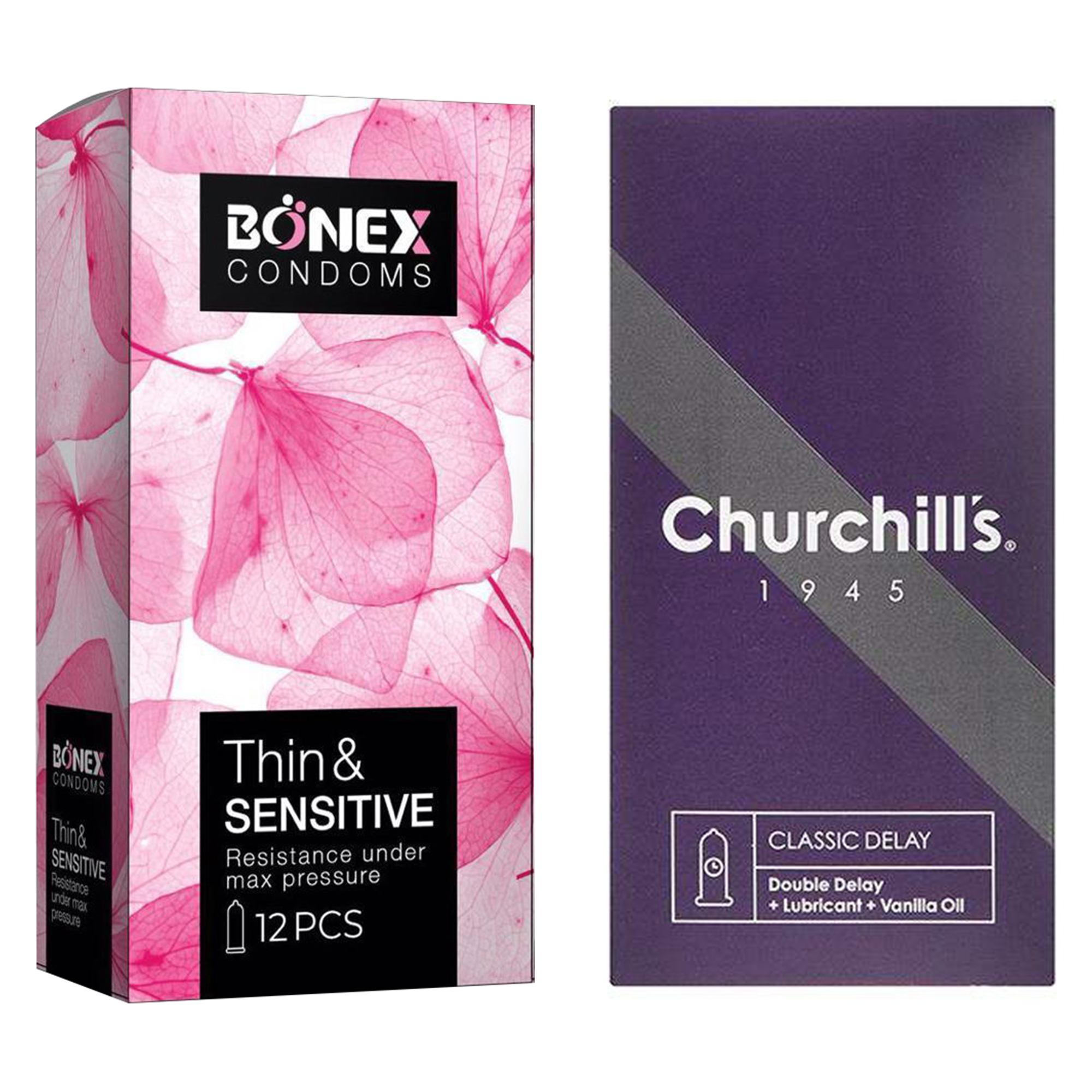 کاندوم چرچیلز مدل Classic Delay بسته 12 عددی به همراه کاندوم بونکس مدل Thin & Sensitive بسته 12 عددی 