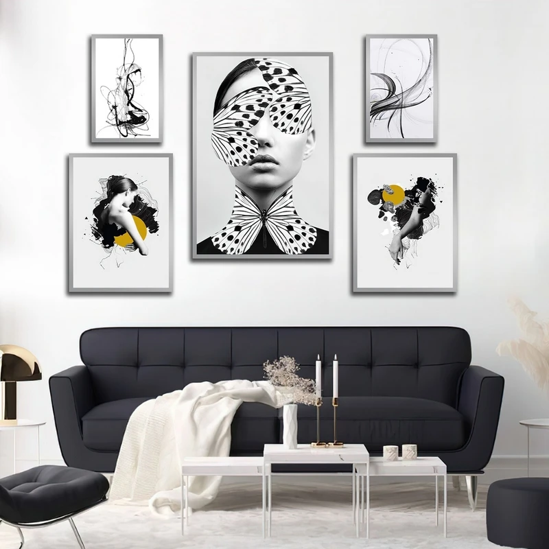 تابلو ساده بکلیت طرح نقاشی مینیمال و چهره مدل شاین اکلیلی SI-2714 فریم نقره ای مجموعه 5 عددی