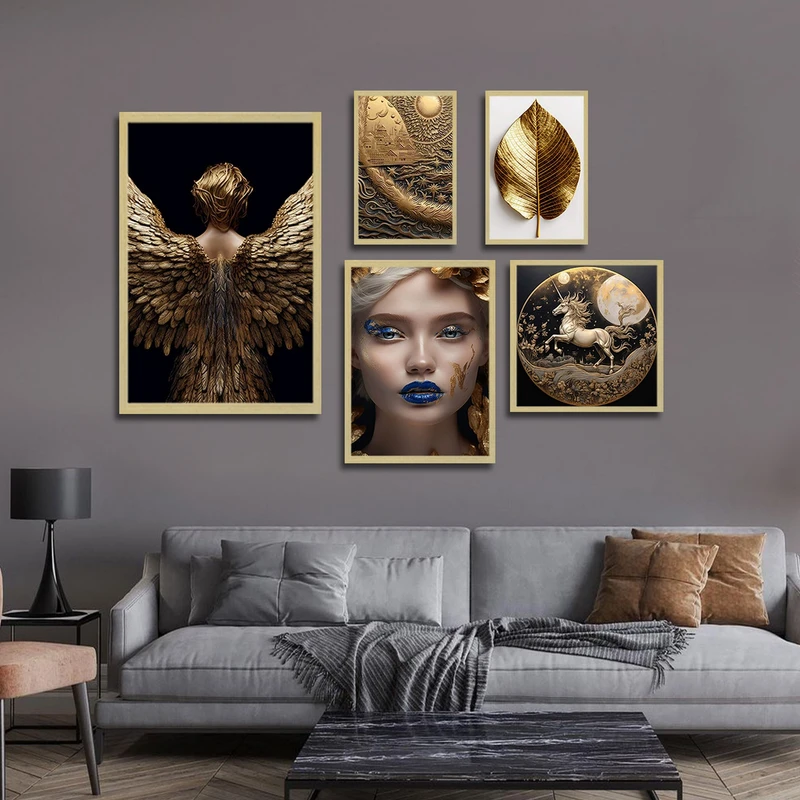 تابلو بکلیت طرح ورق طلا فرشته مدل شاین اکلیلی BE-1758 مجموعه 5 عددی