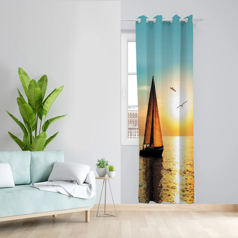 پرده طرح دریا و قایق مدل مخمل پانچی کد  L 205 Z سایز 140x200 سانتی متر