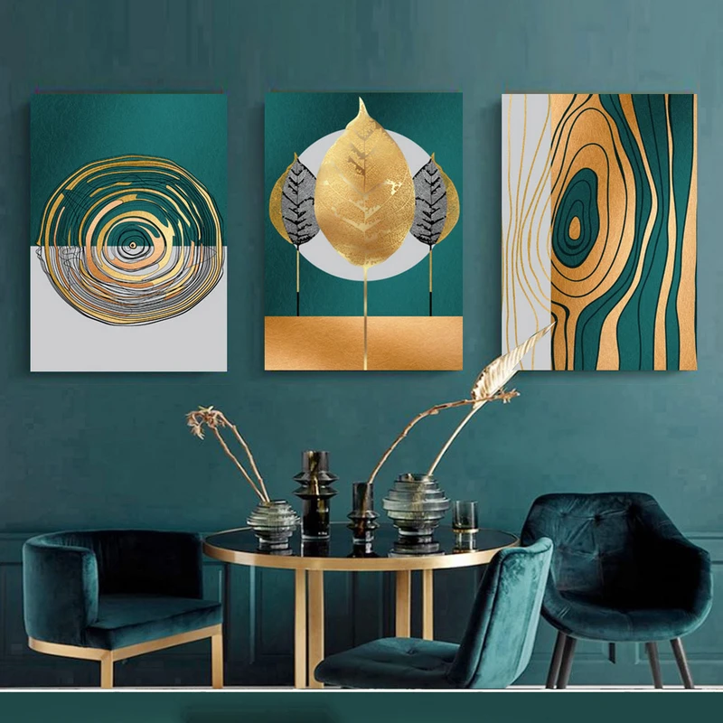 تابلو شاسی بکلیت طرح مدرن انتزاعی و برگ طلایی مدل SH-1907 مجموعه 3 عددی