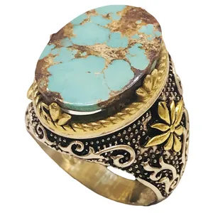 انگشتر نقره مردانه مدل قلمزنی 2تکه سر برنجی فیروزه نیشابوری