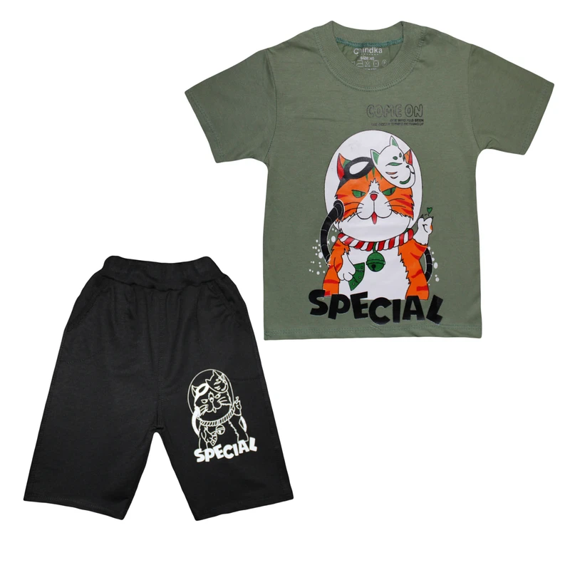 ست تی شرت آستین کوتاه و شلوارک پسرانه چیندکا مدل گربه فضانورد کد 101