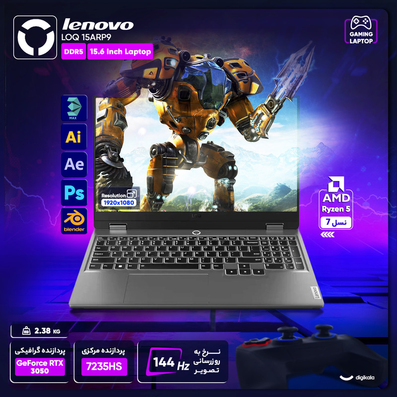 لپ تاپ 15.6 اینچی لنوو مدل LOQ 15ARP9-R5 7235HS-12GB DDR5-512GB SSD-RTX3050-FHD-W
