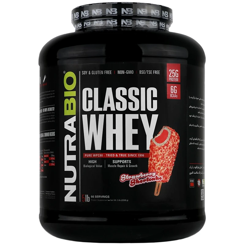 پودر پروتئین وی کلاسیک با طعم کیک توت فرنگی نوترابایو - 2268 گرم