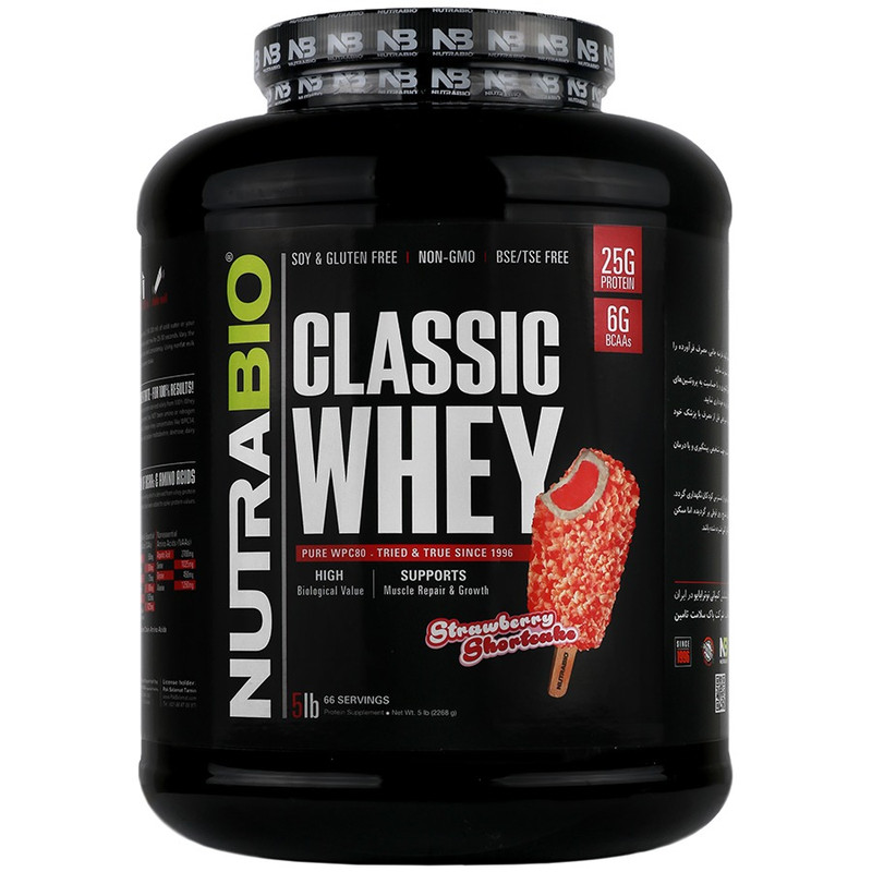 پودر پروتئین وی کلاسیک با طعم کیک توت فرنگی نوترابایو - 2268 گرم