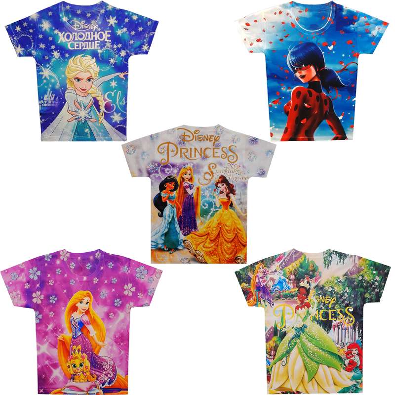 تی شرت دخترانه طرح دختر کفشدوزکی السا گیسوکمند و تیانا کد 45 مجموعه 5 عددی