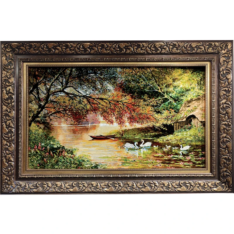 تابلو فرش دستبافت طرح دریاچه و قو مدل RAR05