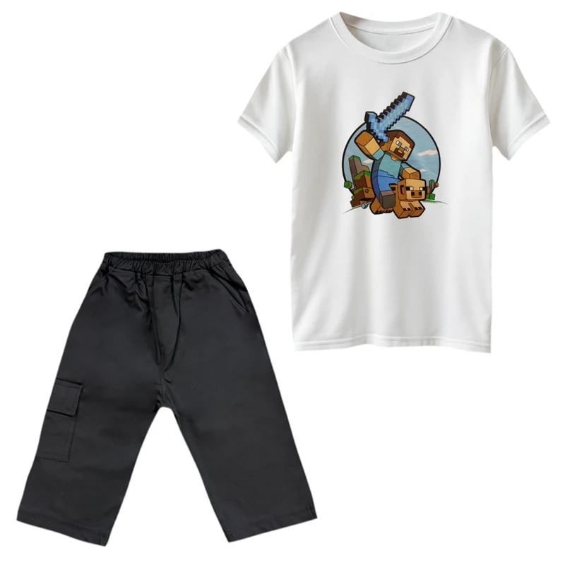 ست تی‌شرت و شلوارک پسرانه مدل ماینکرفت کد 20 رنگ سفید