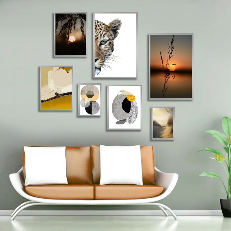 تابلو ساده بکلیت طرح طبیعت و پلنگ و نقاشی مینیمال مدل شاین اکلیلی SI-2663 فریم نقره ای مجموعه 7 عددی