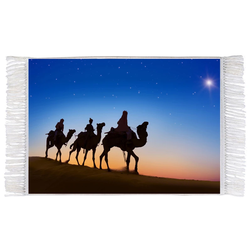 فرش ماشینی دیوارکوب اطلس آبی طرح شتر و بیابان و ستاره و شب مدل T1547