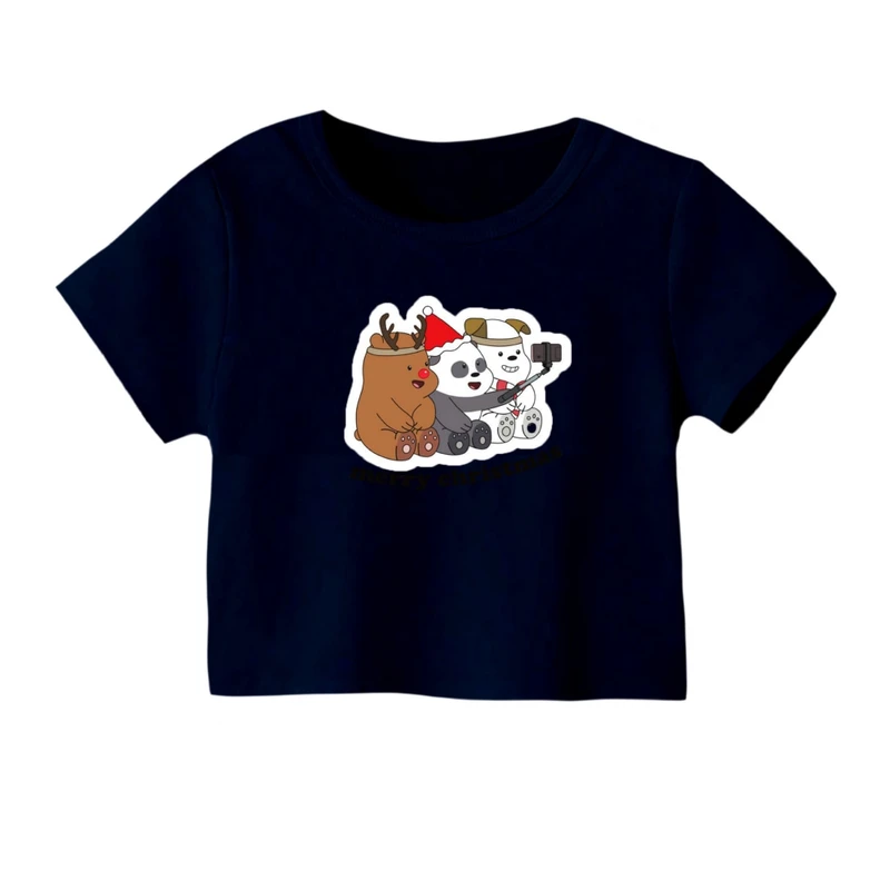 کراپ‌ تی‌شرت آستین کوتاه زنانه مدل خرس کریسمس کد 3