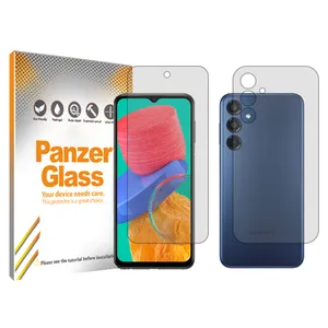 Panzer Glass Resistant model transparent screen protector suitable for Samsung Galaxy M35 mobile phone along with the back of the phone