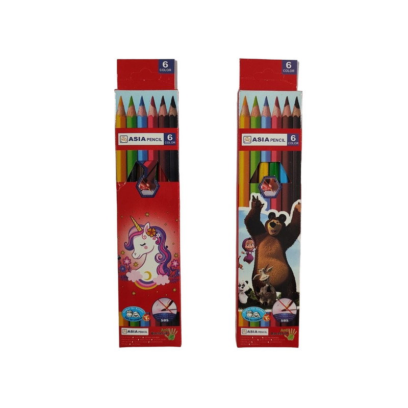 مداد رنگی 6 رنگ آسیا طرح 3 کد 007 مجموعه 2 عددی