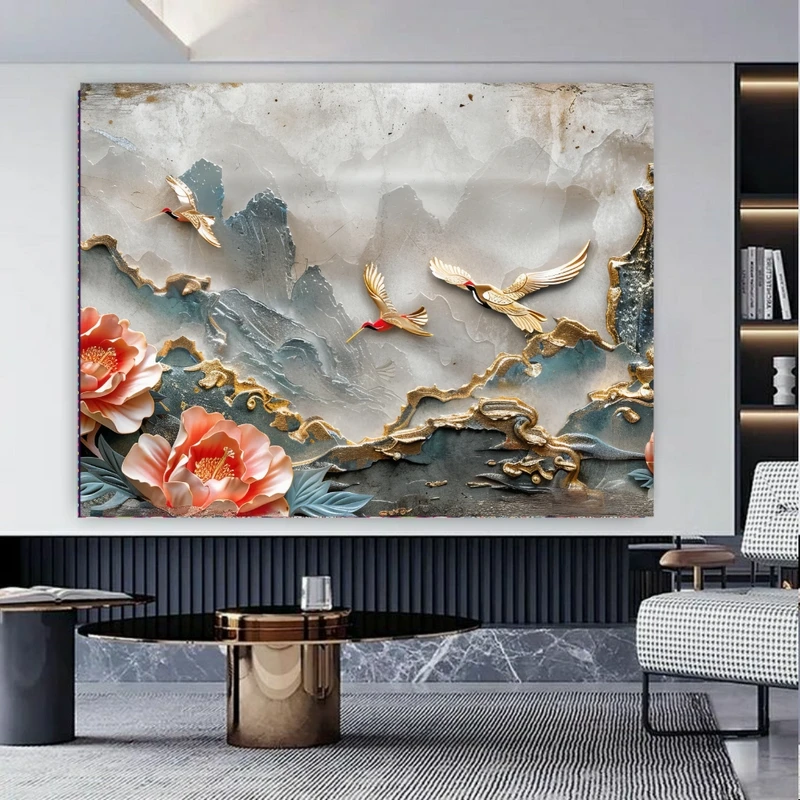 پوستر پارچه ای طرح مخمل نقاشی کوهستان مدل پرواز پرندگان کد FP106406