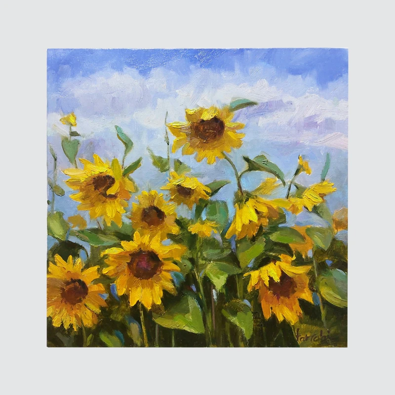 تابلو نقاشی رنگ و روغن مدل گلهای آفتابگردان مزرعه