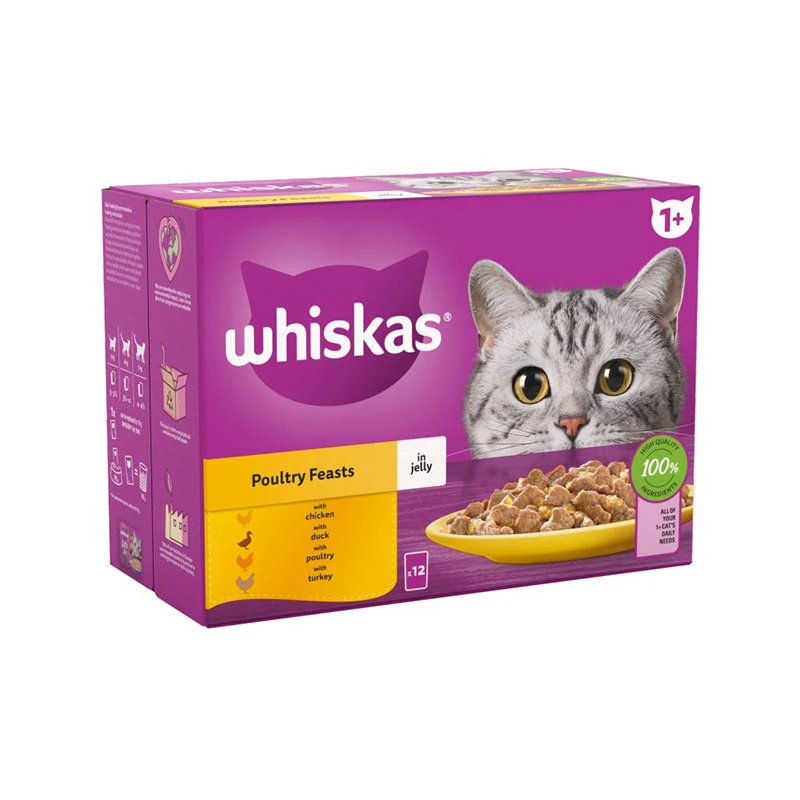 پوچ گربه بالغ ویسکاس مدل Poultry Feasts in Jelly با طعم میکس گوشت پرندگان وزن 85 گرم بسته 12 عددی