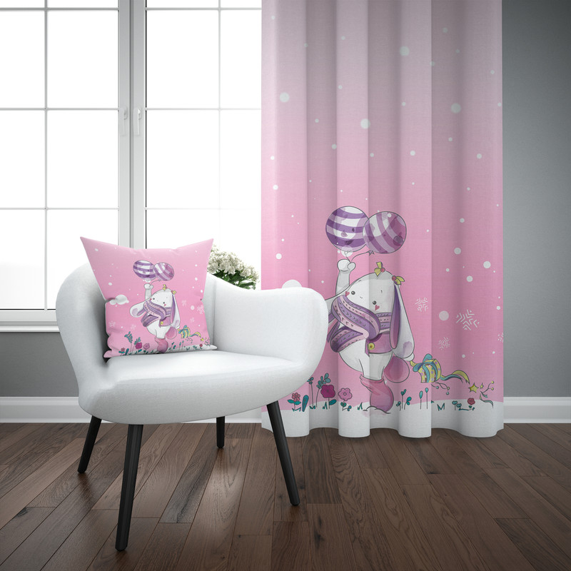 پرده مدل اتاق کودک طرح دخترانه خرگوش پرنده کهشانی سایز 140x280 سانتی متر