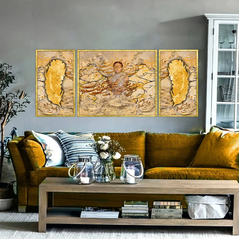 تابلو ساده بکلیت طرح مدرن دیجیتال آرت مدل شاین اکلیلی T-2904 فریم طلایی مجموعه 3 عددی