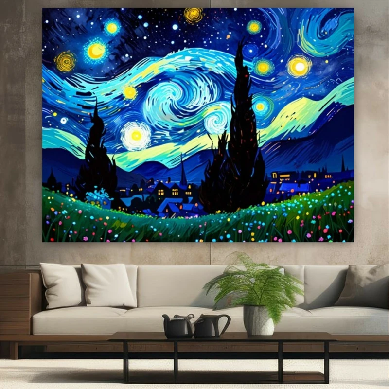 تابلو بوم طرح مخمل نقاشی ونگوک مدل شب پر ستاره نورانی کد GR841