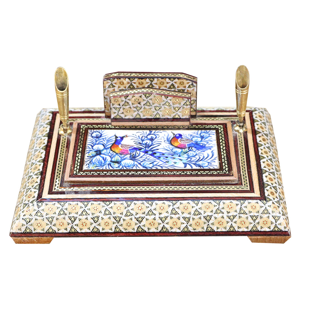 قلمدان خاتم کاری چوبی صنایع دستی فاخر مدل اداری طرح گل و مرغ برجسته کد Bl20p15-2f4