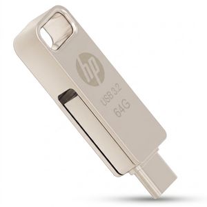 فلش مموری اچ‌پی مدل x206c ظرفیت 64 گیگابایت با طراحی چرخشی، بدنه فلزی، دو رابط USB Type-C و USB Type-A، سرعت انتقال تا 100 مگابایت بر ثانیه و سازگار با ویندوز و مک