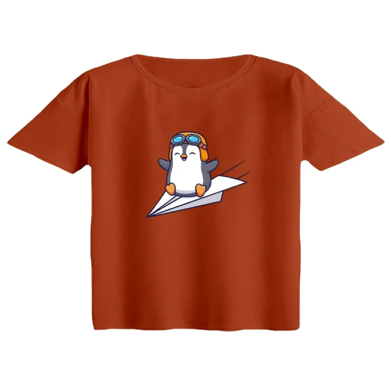 کراپ تی‌شرت آستین کوتاه زنانه مدل پنگوِئن موشک سوار