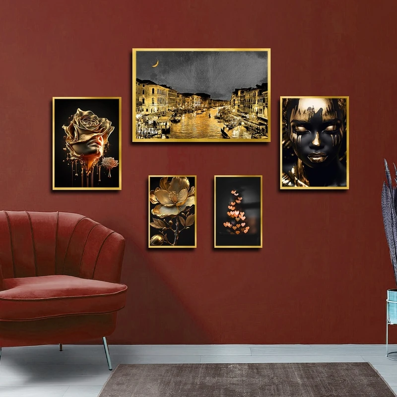 تابلو ساده بکلیت طرح منظره شهری و گل و چهره مدل شاین اکلیلی T-2578 فریم طلایی مجموعه 5 عددی
