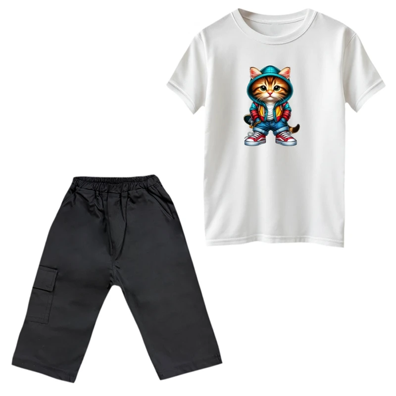 ست تی‌شرت و شلوارک دخترانه مدل گربه اسپرت رنگ سفید 