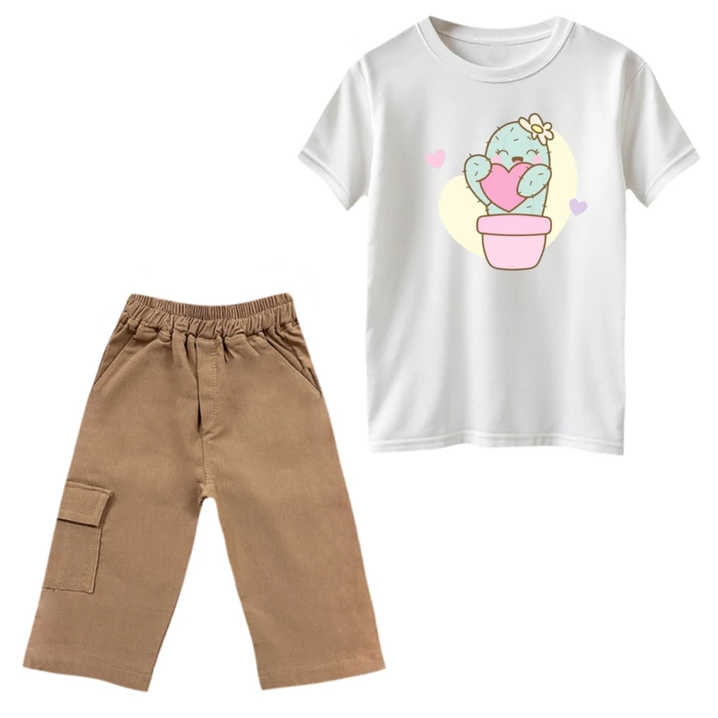 ست تی‌شرت و شلوارک دخترانه مدل کاکتوس قلبی رنگ سفید