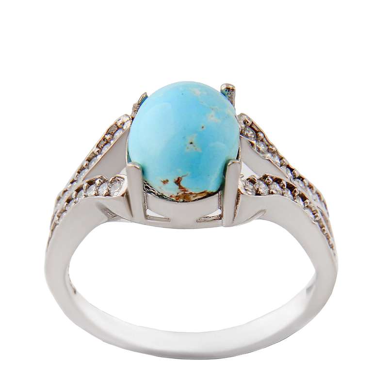 انگشتر نقره زنانه بازرگانی میلادی مدل سنگ فیروزه طبیعی نگین برلیان بدون ریزش آبکاری رادیوم کد AWR_1597