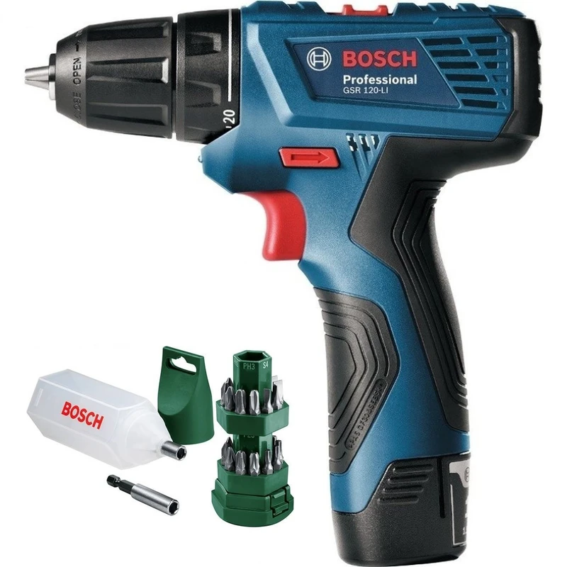 دریل پیچ گوشتی بوش مدل GSR-120LI+EXTRA به همراه مجموعه 25 عددی سری پیچ گوشتی 