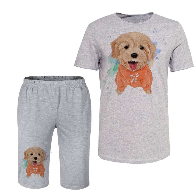 ست تی شرت آستین کوتاه و شلوارک مردانه مدل سگ کد 141 رنگ طوسی
