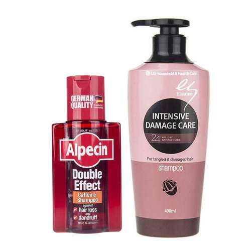 شامپو ضد شوره و تقویت کننده آلپسین مدل Double Effect Caffeine حجم 200 میلی لیتر به همراه شامپو مو ال جی مدل intensive & damage حجم 400 میلی لیتر